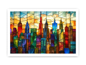 Stained-glass sunset city skyline