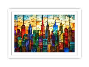 Stained-glass sunset city skyline