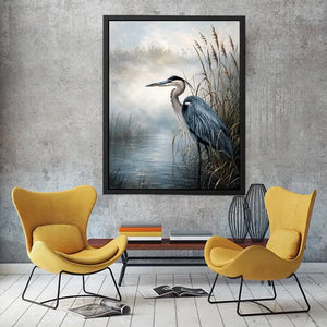 Heron in a misty marsh