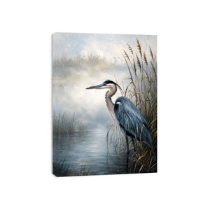 Heron in a misty marsh