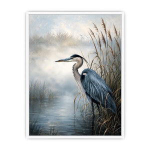 Heron in a misty marsh
