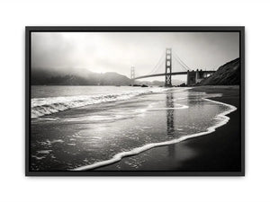 Misty coastal bridge at dawn