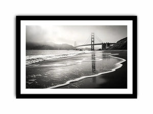Misty coastal bridge at dawn