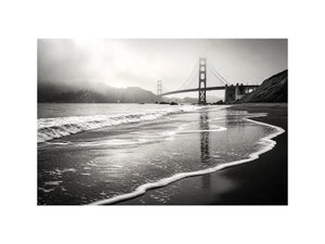 Misty coastal bridge at dawn
