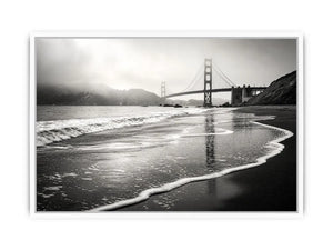 Misty coastal bridge at dawn
