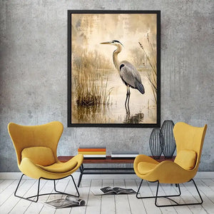 Heron in a misty marsh
