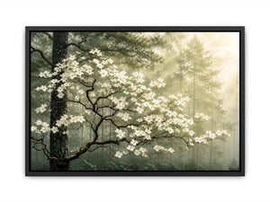 Misty morning in a flowering forest