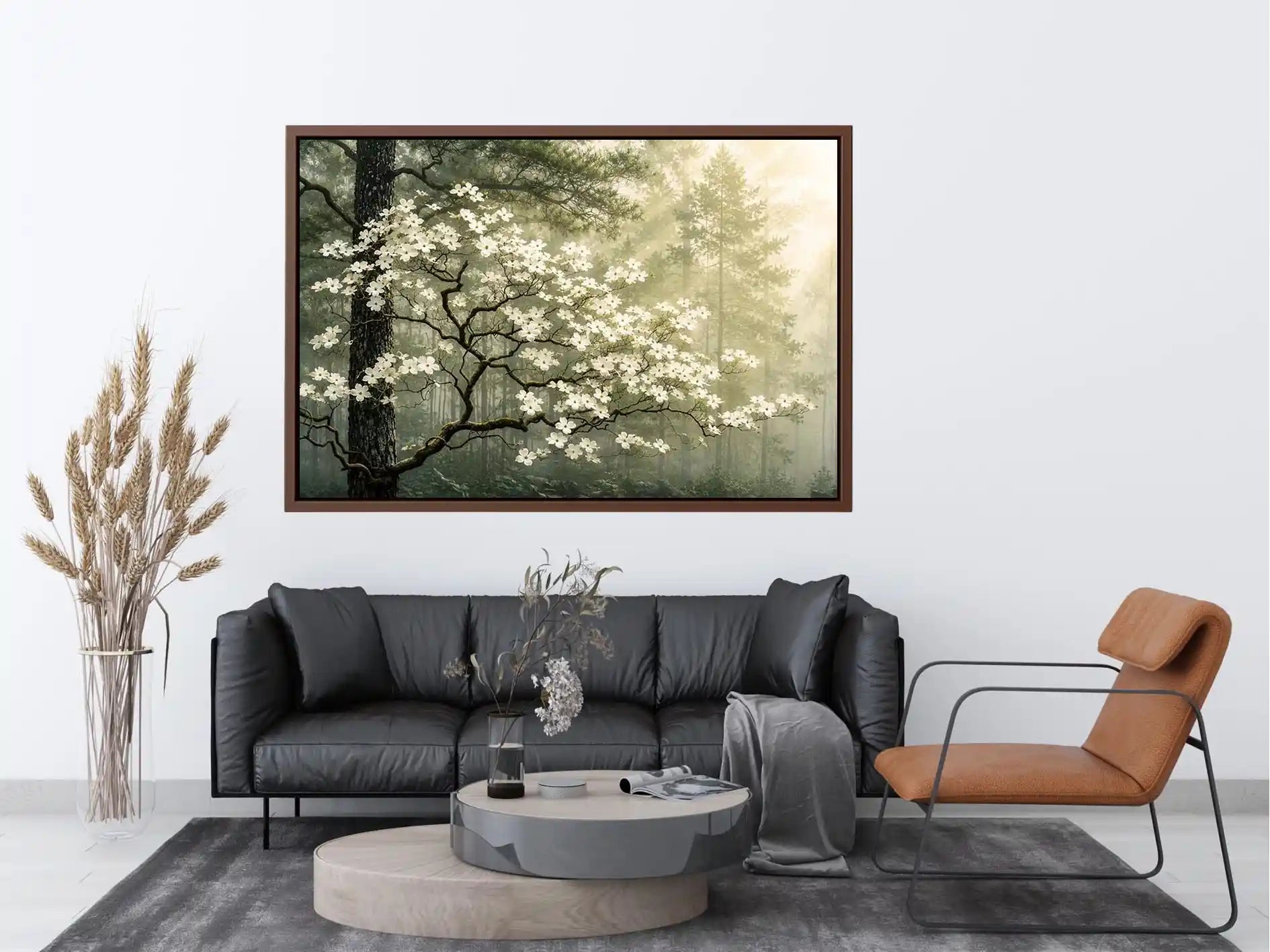 Misty morning in a flowering forest