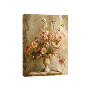 Pastel blooms in a rustic urn