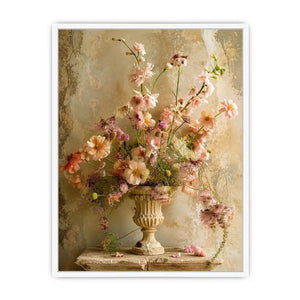 Pastel blooms in a rustic urn