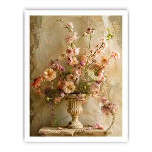 Pastel blooms in a rustic urn