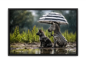 Zebra and dog under rainy umbrella