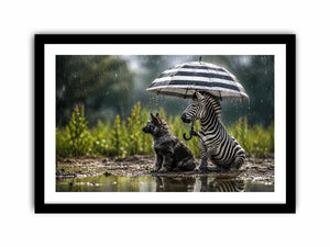 Zebra and dog under rainy umbrella