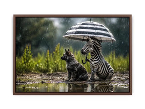 Zebra and dog under rainy umbrella