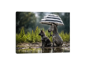 Zebra and dog under rainy umbrella