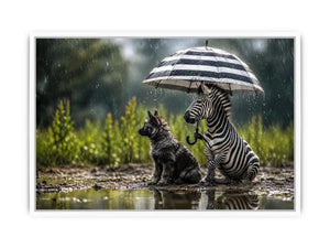 Zebra and dog under rainy umbrella