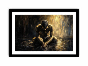 Kneeling figure in a reflective, wet world