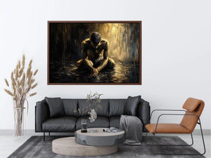 Kneeling figure in a reflective, wet world