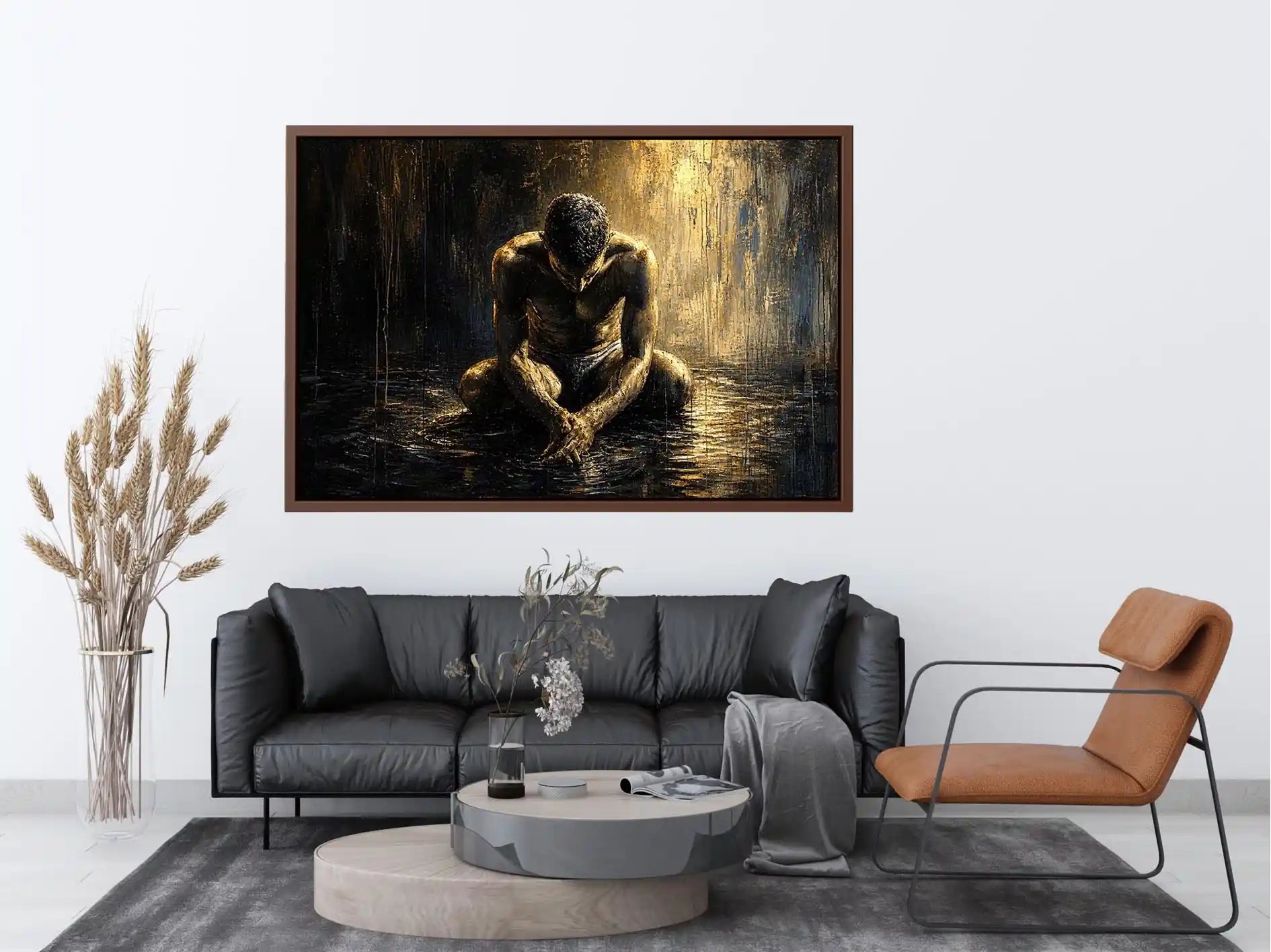 Kneeling figure in a reflective, wet world