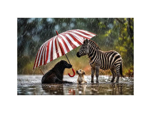 Animals under the striped umbrella