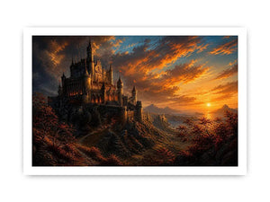 Castle on a rocky sunset hill