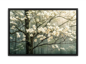 Misty dogwood blooms in foggy forest