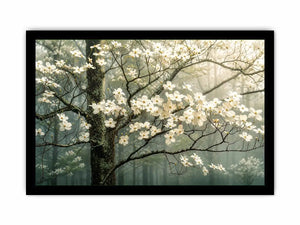 Misty dogwood blooms in foggy forest