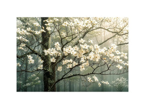 Misty dogwood blooms in foggy forest