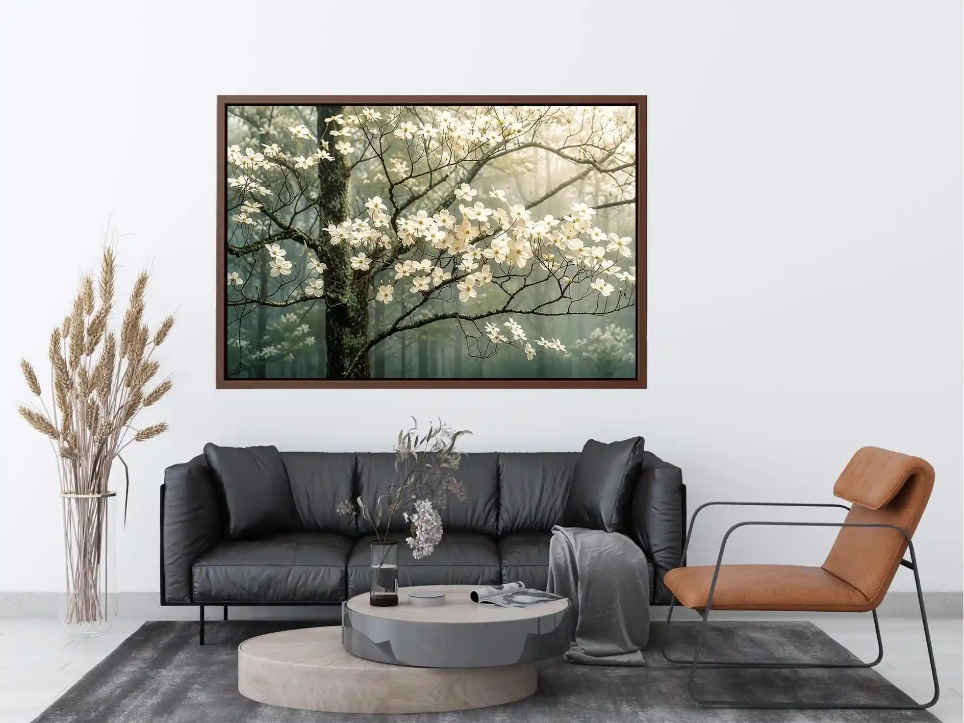 Misty dogwood blooms in foggy forest
