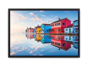 Serene waterfront village at sunrise