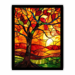 Autumn stained-glass tree at sunset