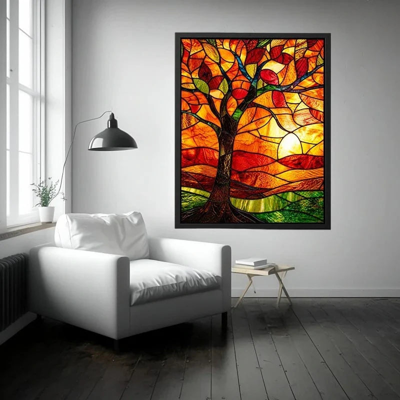 Autumn stained-glass tree at sunset