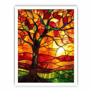 Autumn stained-glass tree at sunset