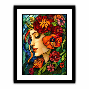 Serene woman in floral stained glass