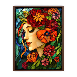 Serene woman in floral stained glass