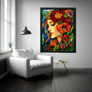 Serene woman in floral stained glass