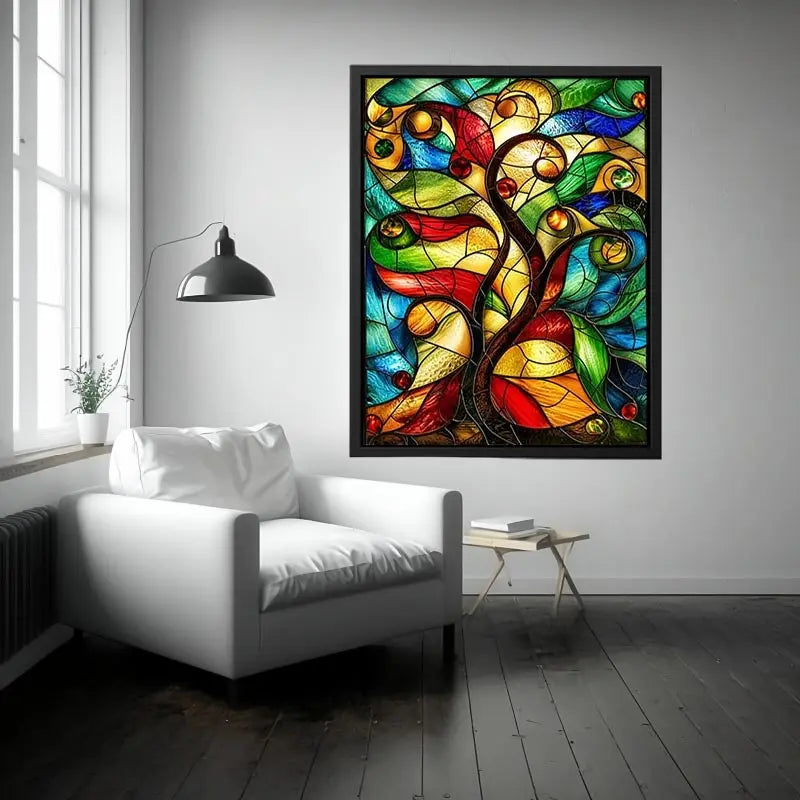 Vibrant stained-glass fantasy tree design