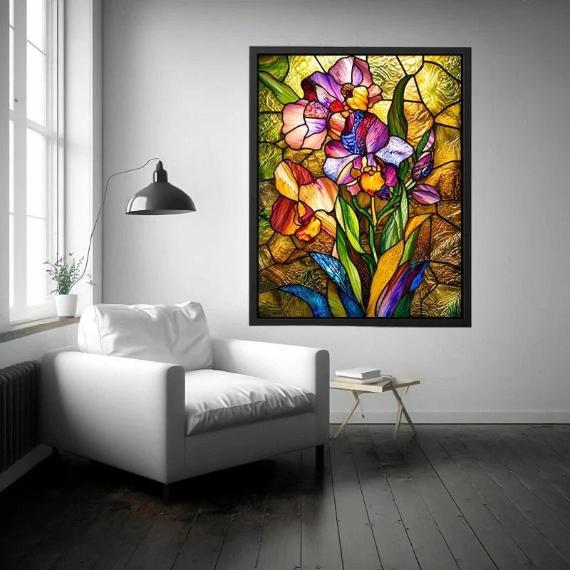 Vibrant stained-glass irises in bloom
