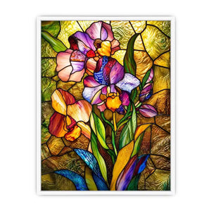Vibrant stained-glass irises in bloom