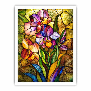 Vibrant stained-glass irises in bloom