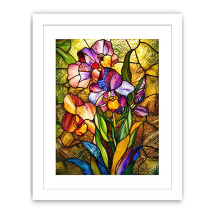 Vibrant stained-glass irises in bloom