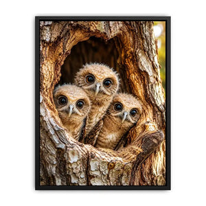 Curious owlets in tree hollow