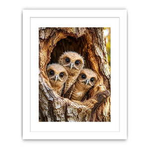 Curious owlets in tree hollow