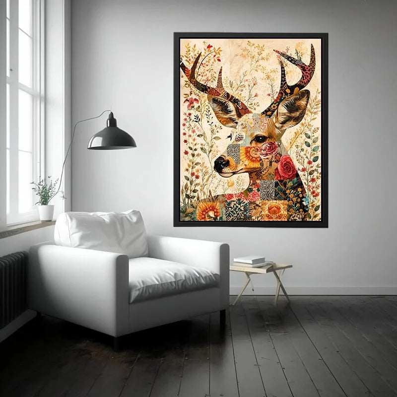 Patchwork deer with floral accents