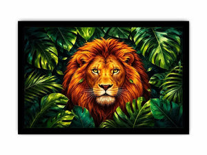 Regal lion in vibrant jungle foliage