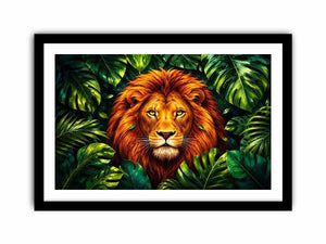 Regal lion in vibrant jungle foliage
