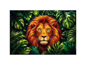 Regal lion in vibrant jungle foliage
