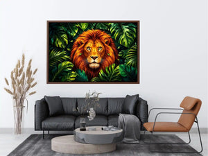 Regal lion in vibrant jungle foliage