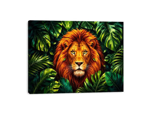 Regal lion in vibrant jungle foliage