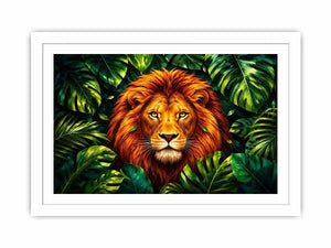 Regal lion in vibrant jungle foliage